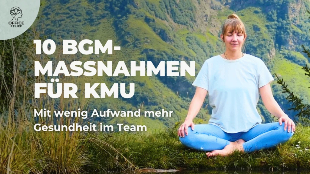 Tamara von Office Relief meditiert im Schneidersitz auf einer Bergwiese – 10 BGM-Massnahmen für KMU